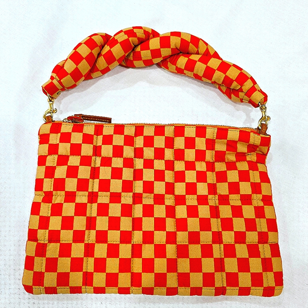 Bonus 2x straps! Clare V Quilted Checkered Flat Clutch in Poppy + Khaki